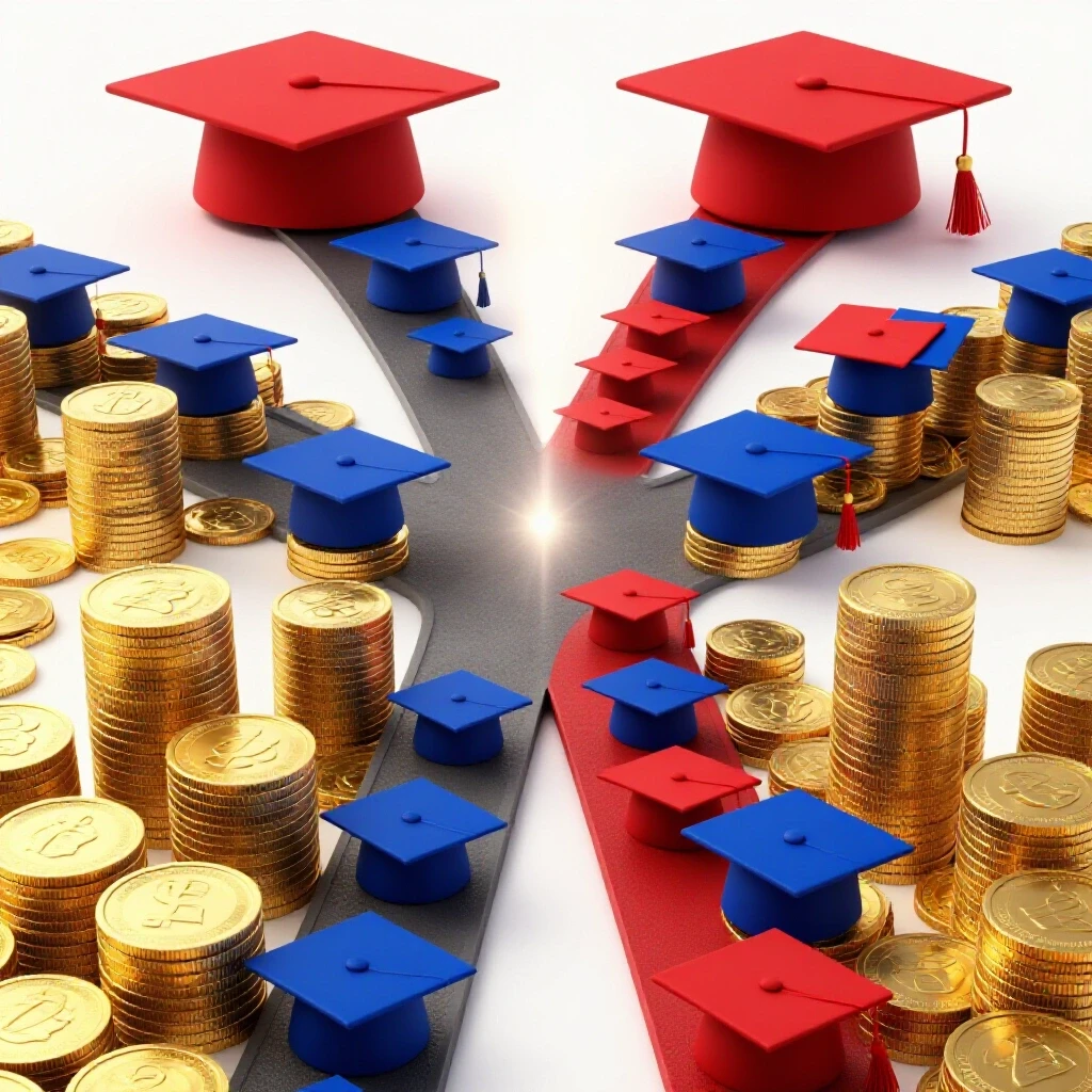 A crossroads with one path of gold coins and another of graduation caps, converging toward a bright horizon
