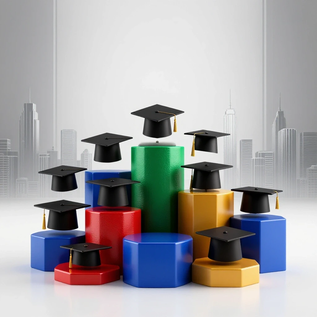 Diverse graduate caps and diplomas on colorful, uneven platforms facing a distant city skyline, symbolizing salary gaps.