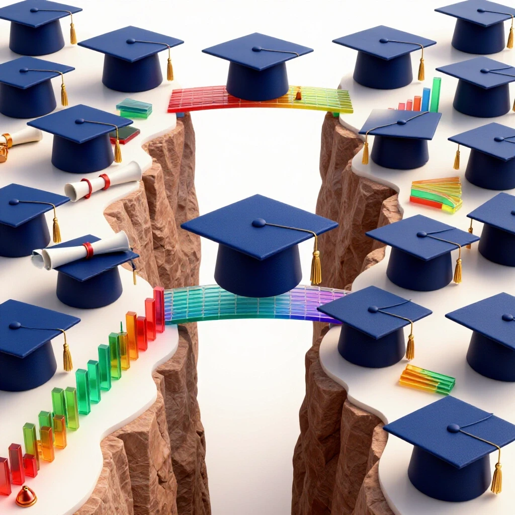 Glossy graduation caps and diplomas by a dramatic chasm, bridged by bold 3D data charts and graphs symbolizing salary differences.