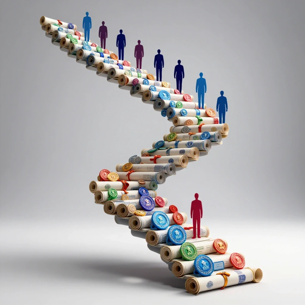 Vibrant staircase of diplomas and digital badges spirals upward, symbolizing career salary growth.