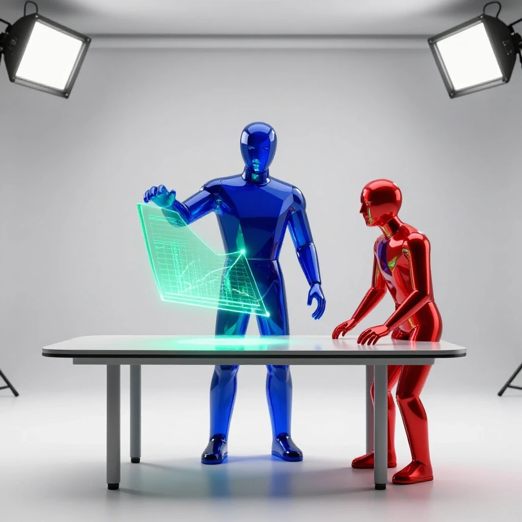 Abstract figures negotiate at a table with a glowing green data chart, in a bright white environment.