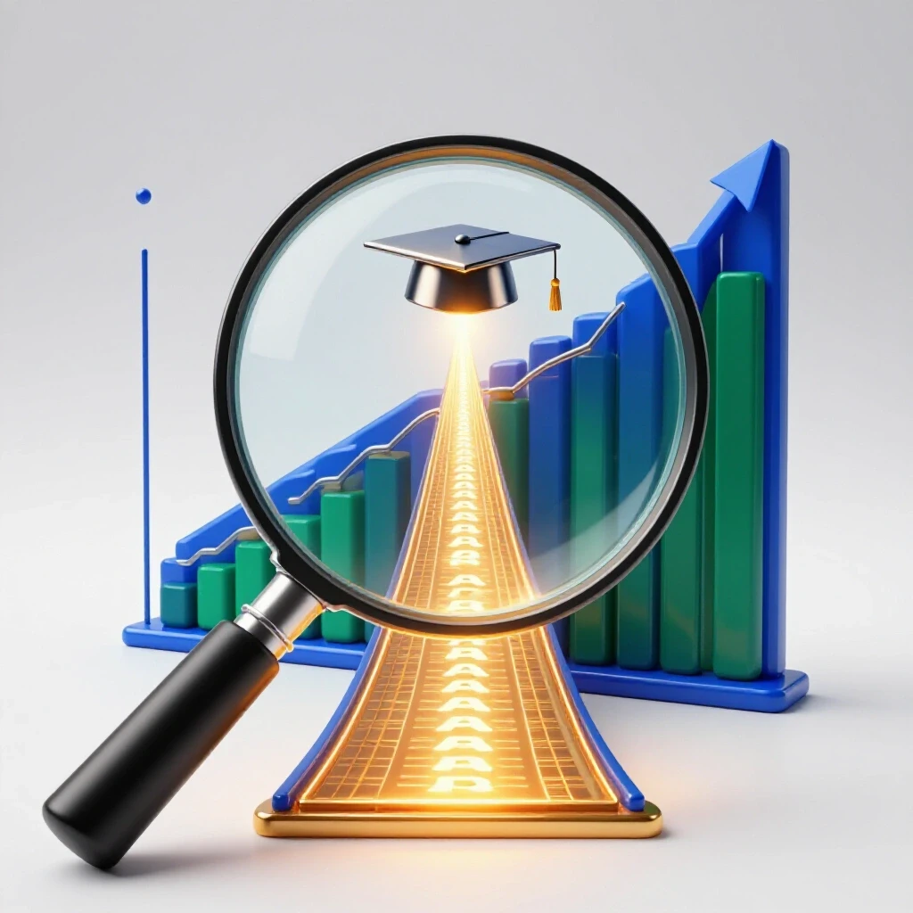 Vivid chart under magnifying lens morphing into glowing path leading to bright graduation cap on white background.