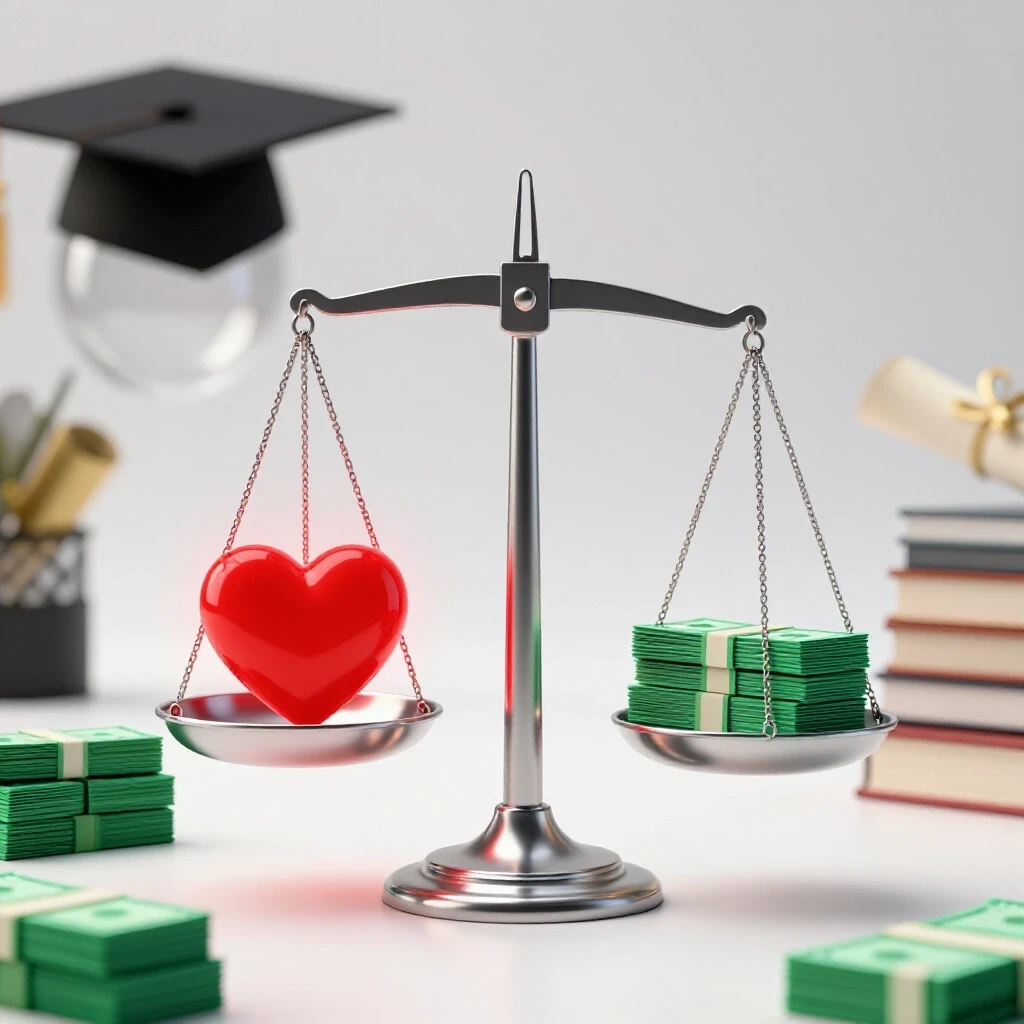 Balanced scale with money on one side and a glowing heart on the other, set before academic symbols on a bright background.