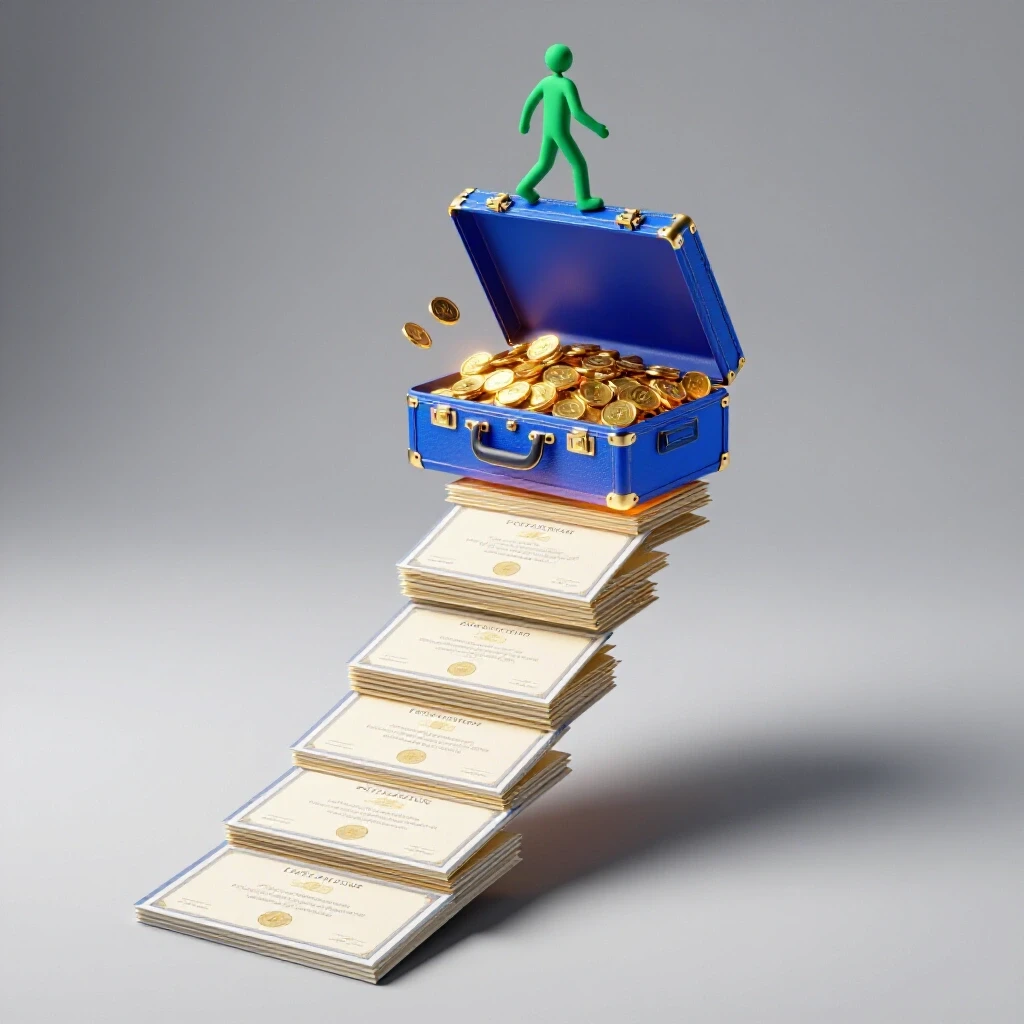 A glowing blue briefcase overflowing with coins sits atop a dynamic path of certificates, with a figure ascending confidently upward, all against a bright studio background.