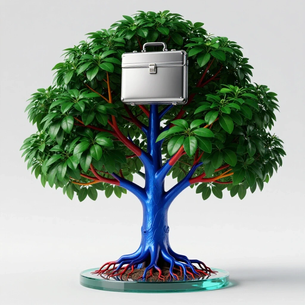 A strong, vibrant tree with visible roots and dynamic upward branches supporting a symbolic briefcase, all on a bright white studio background.