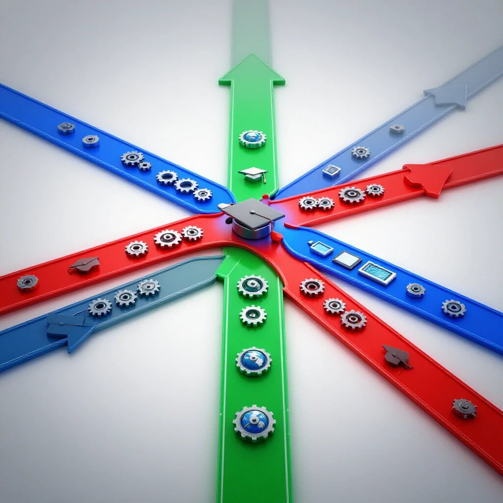Vibrant crossroads with upward arrows and diverse professional icons converging on an illuminated path