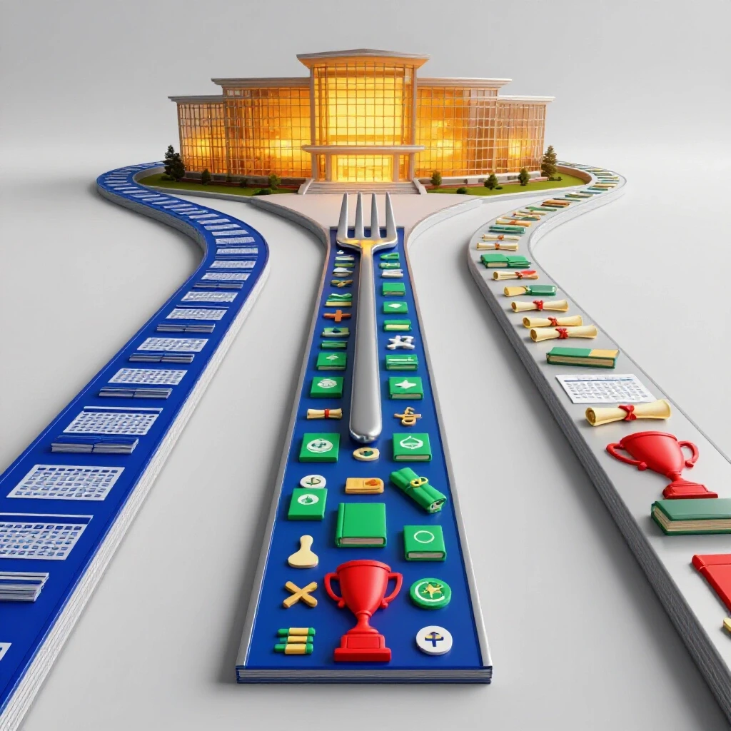 Vivid forked path with test sheets on one side and colorful educational symbols on the other, leading to a glowing university.
