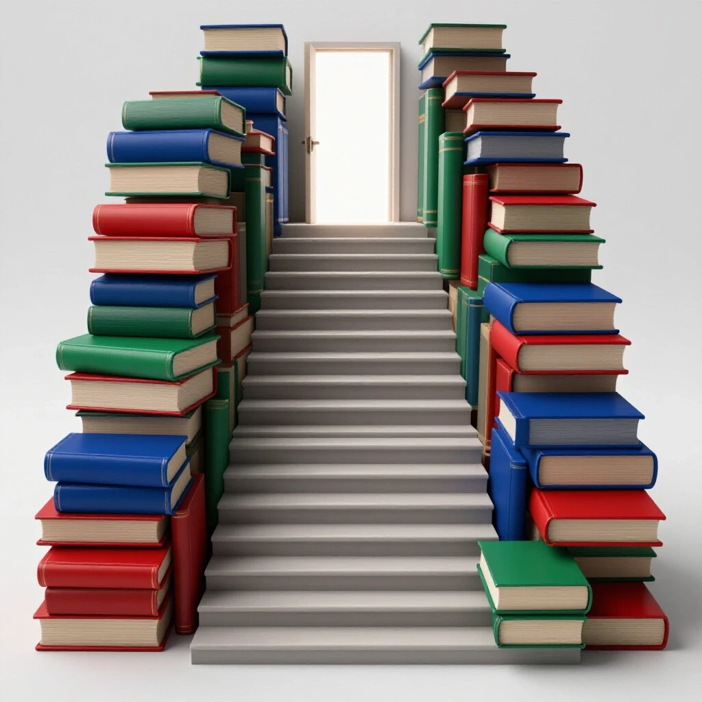 A staircase made of brightly colored academic books leads to a glowing doorway on a clean, white background.