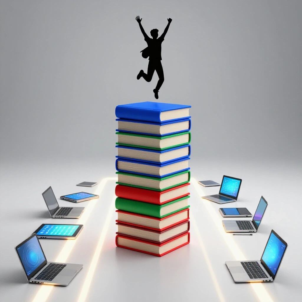 A vibrant stack of rich-colored textbooks with a symbolic figure leaping onto a glowing path lined by digital tablets and open laptops, set against a bright studio background.