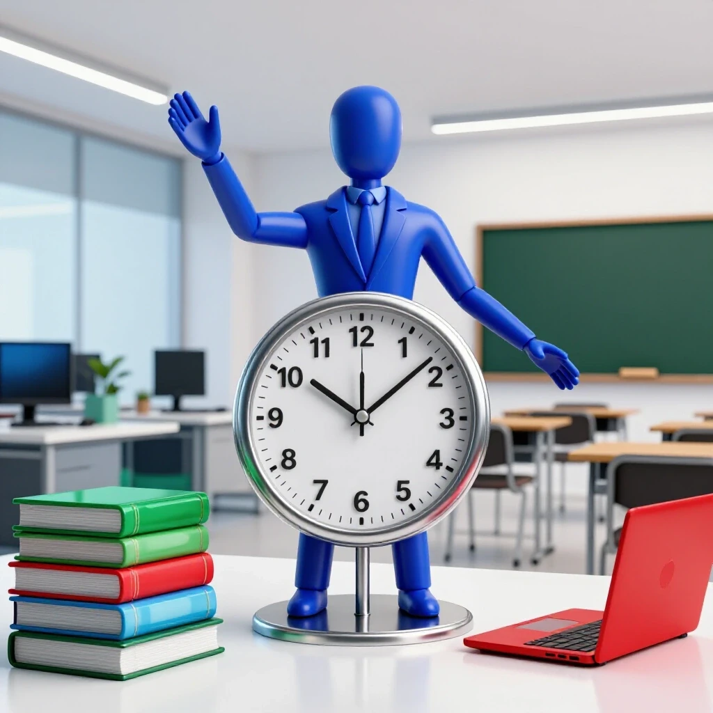 Professional balancing on a clock, reaching toward books and laptop, set between office and classroom.