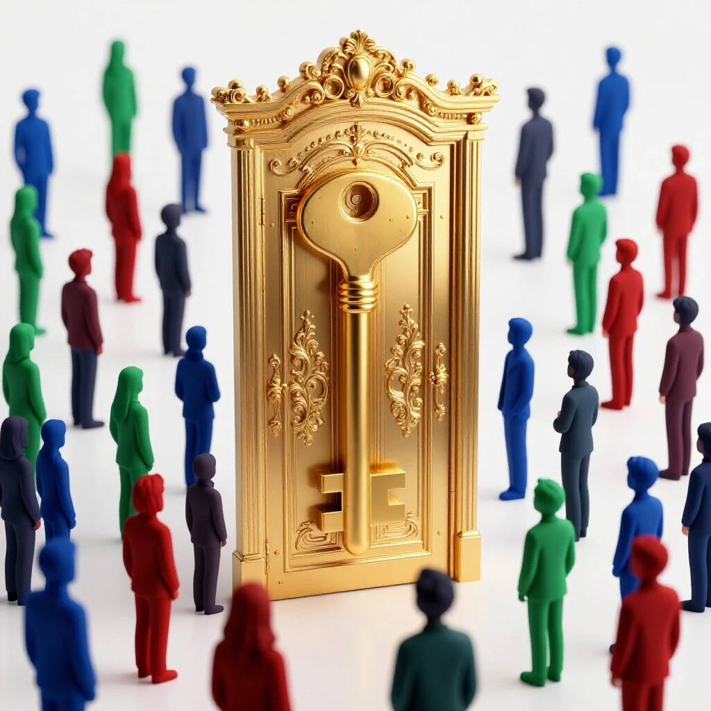 A golden key unlocking an ornate door with colorful student figures gathered around, symbolizing scholarship opportunities.
