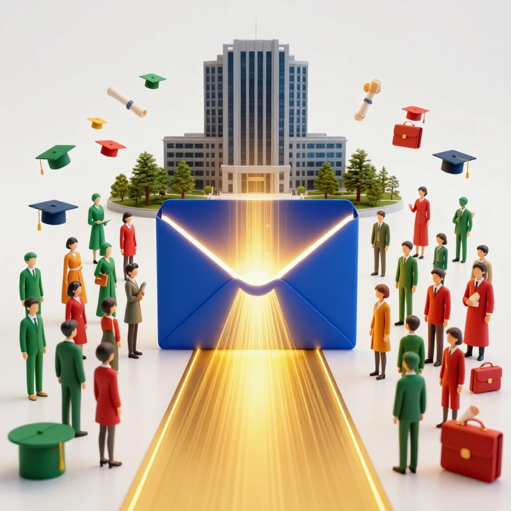 Open glowing envelope reveals golden pathway to a professional building, surrounded by student symbols