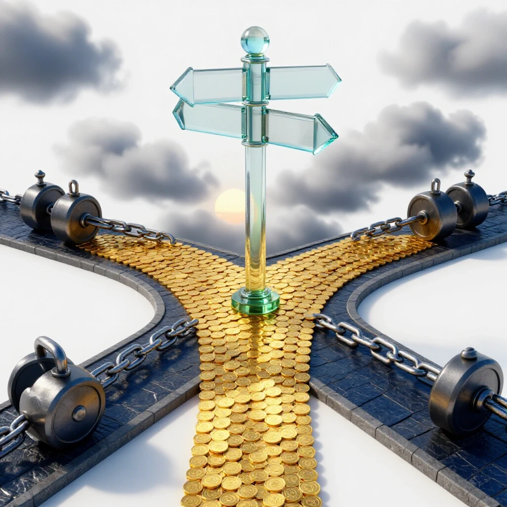 A crossroads scene with one golden coin path leading to sunrise and another stony path weighed down by chained weights, set on a bright background.