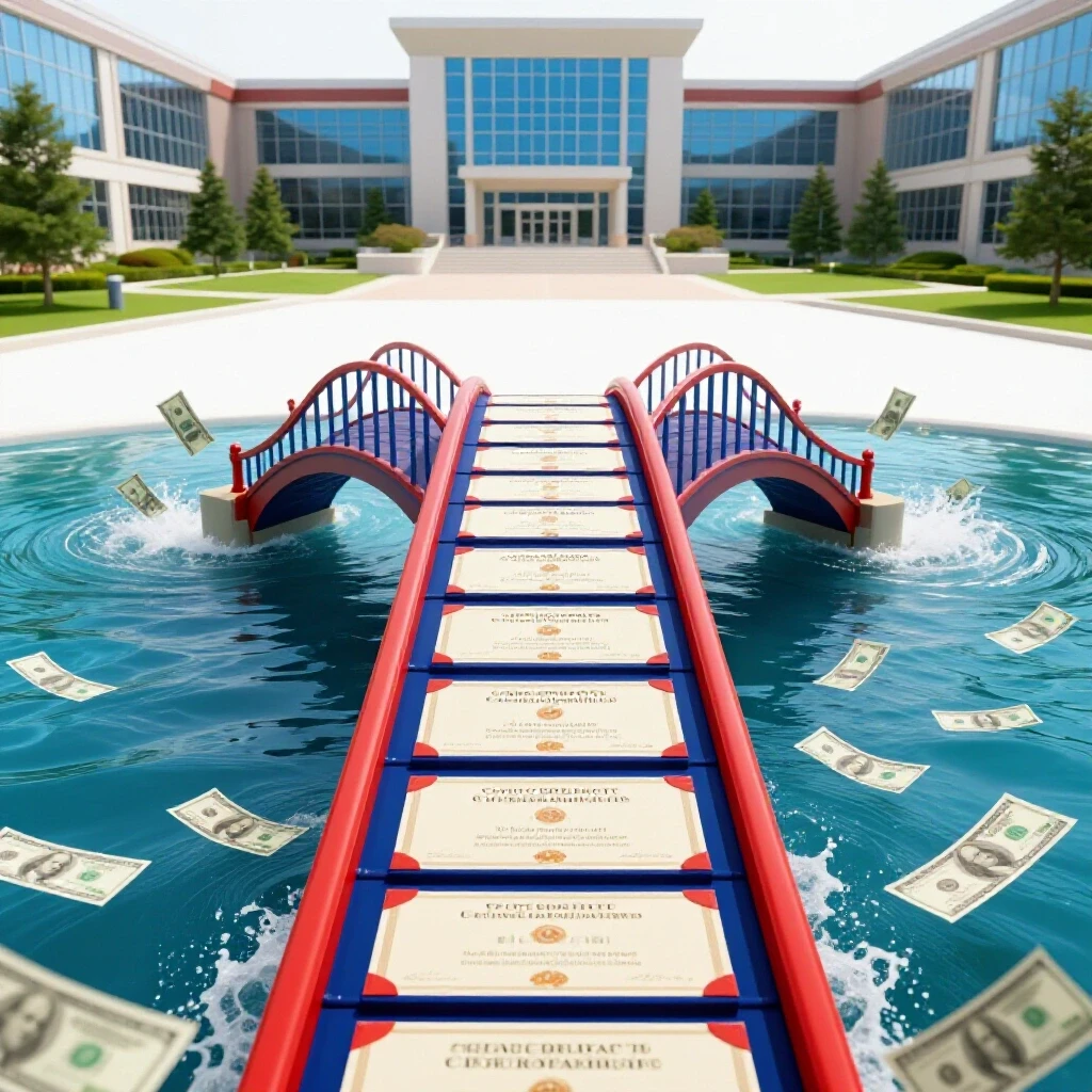 Bridge made of vivid scholarship certificates spans dollar-filled waters toward a bright, modern campus setting.