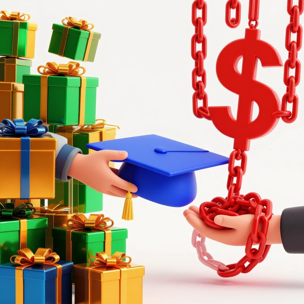 Split image showing a graduation cap with colorful gift boxes on one side, heavy dollar sign chains on the other, set on a bright background.