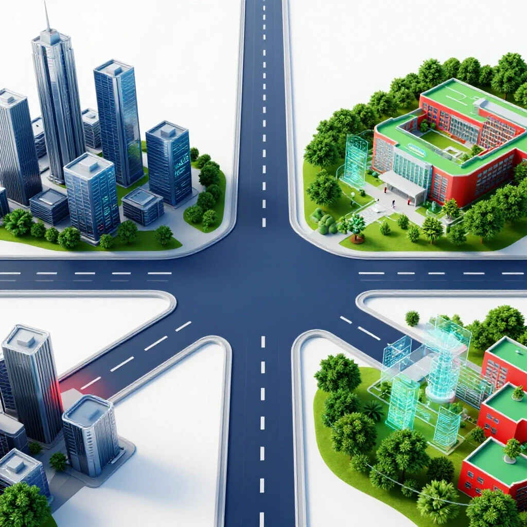 Two contrasting paths split at a crossroads, each leading to distinct, vibrant career landscapes with subtle infographics integrated into the scene.