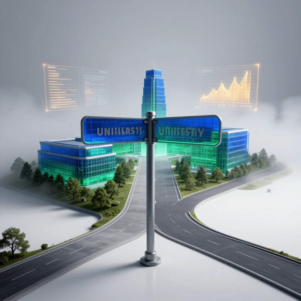 A crossroads signpost with data charts points toward a bright campus and an uncertain, fading path in a luminous setting.