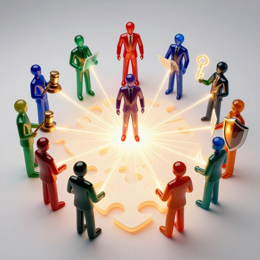 Abstract figures holding symbols around a glowing puzzle-shaped table, connected by radiant light paths