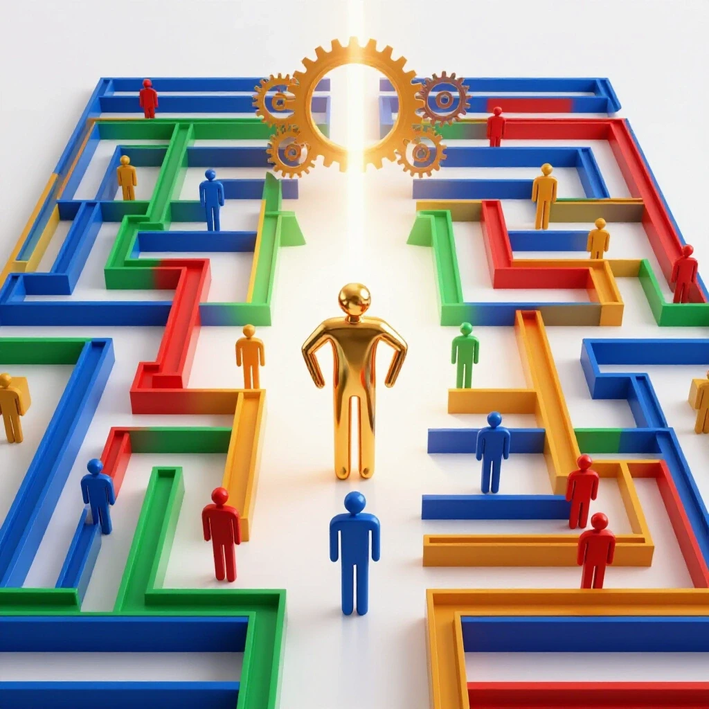Glossy abstract leader guiding a diverse team through vibrant pathways, gears, and light beams in a bright studio setting, symbolizing Scrum Master certification impact.