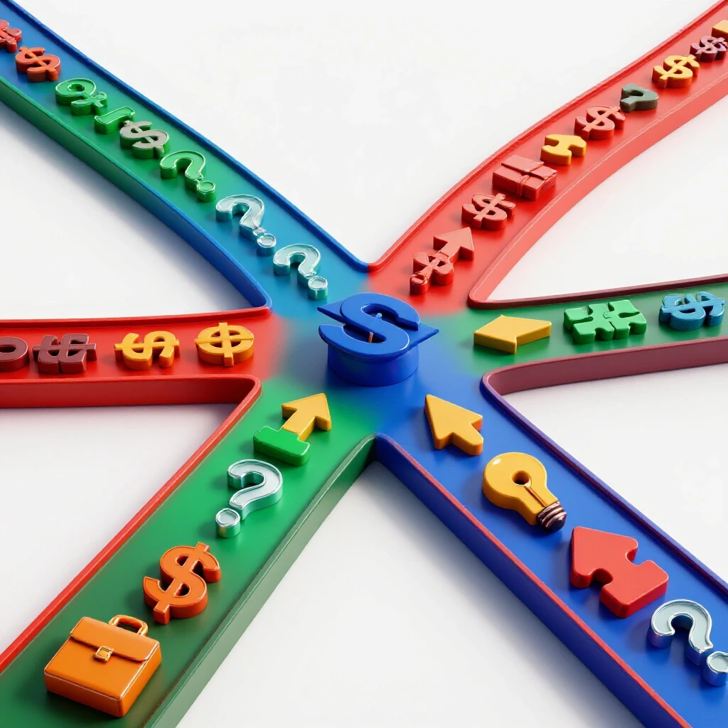 Two colorful 3D pathways at a crossroads, lined with dollar signs, professional, and opportunity icons on a bright studio background.