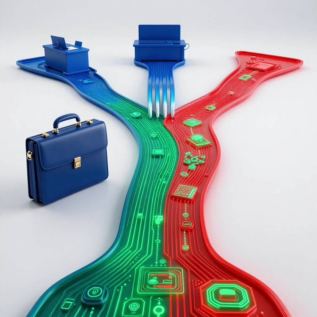 A forked path transitions from traditional office items to a futuristic tech environment with glowing digital elements.