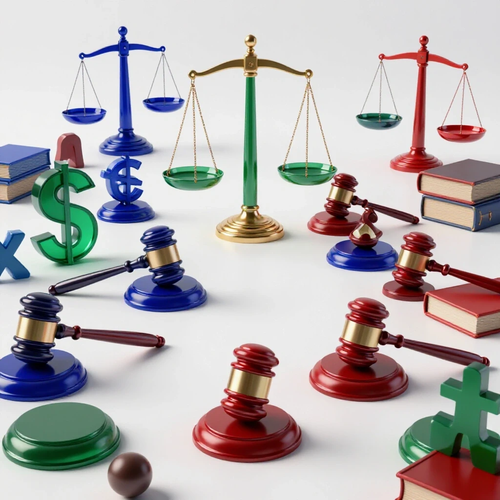 Glossy judge’s gavels and legal icons on a bright background symbolize legal challenges and uncertainty.