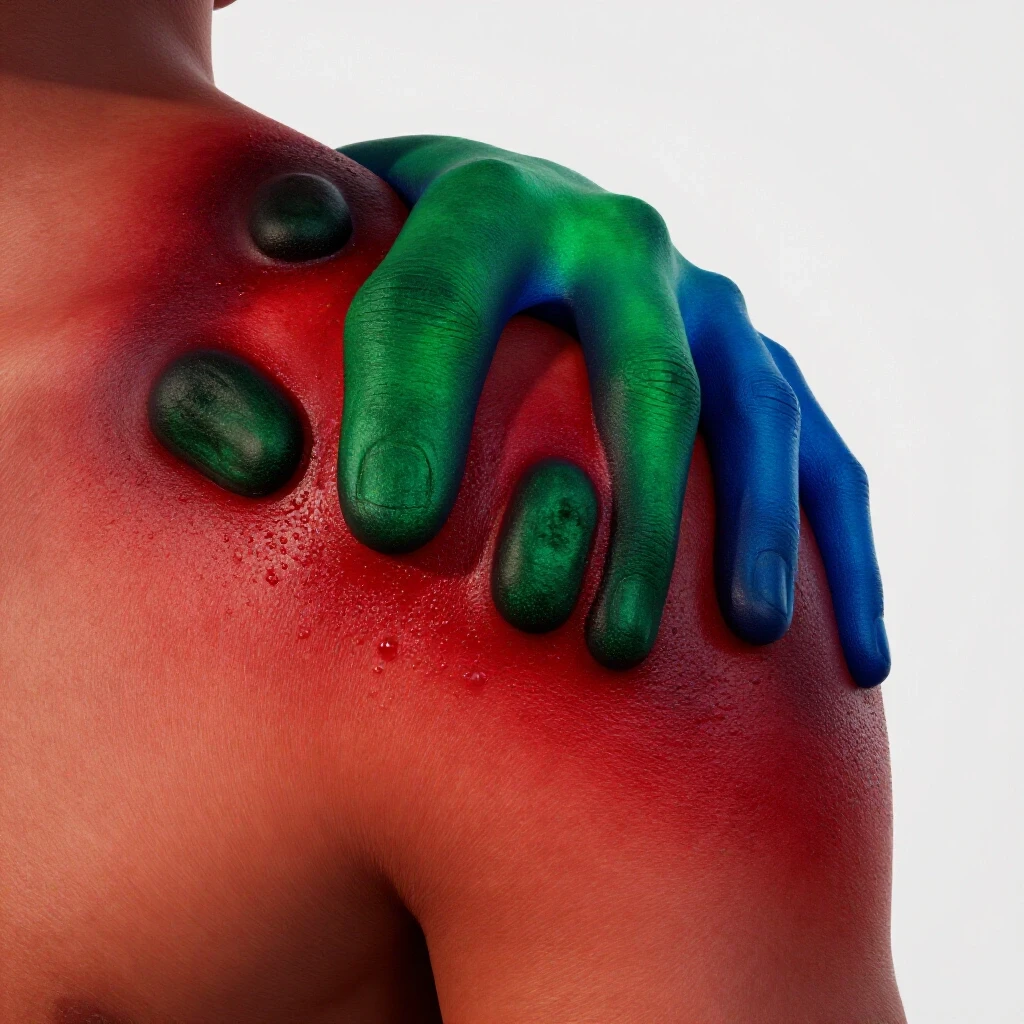 Close-up of a burned, blistered shoulder with vivid red burn and dramatic sun and protective shadow contrast.