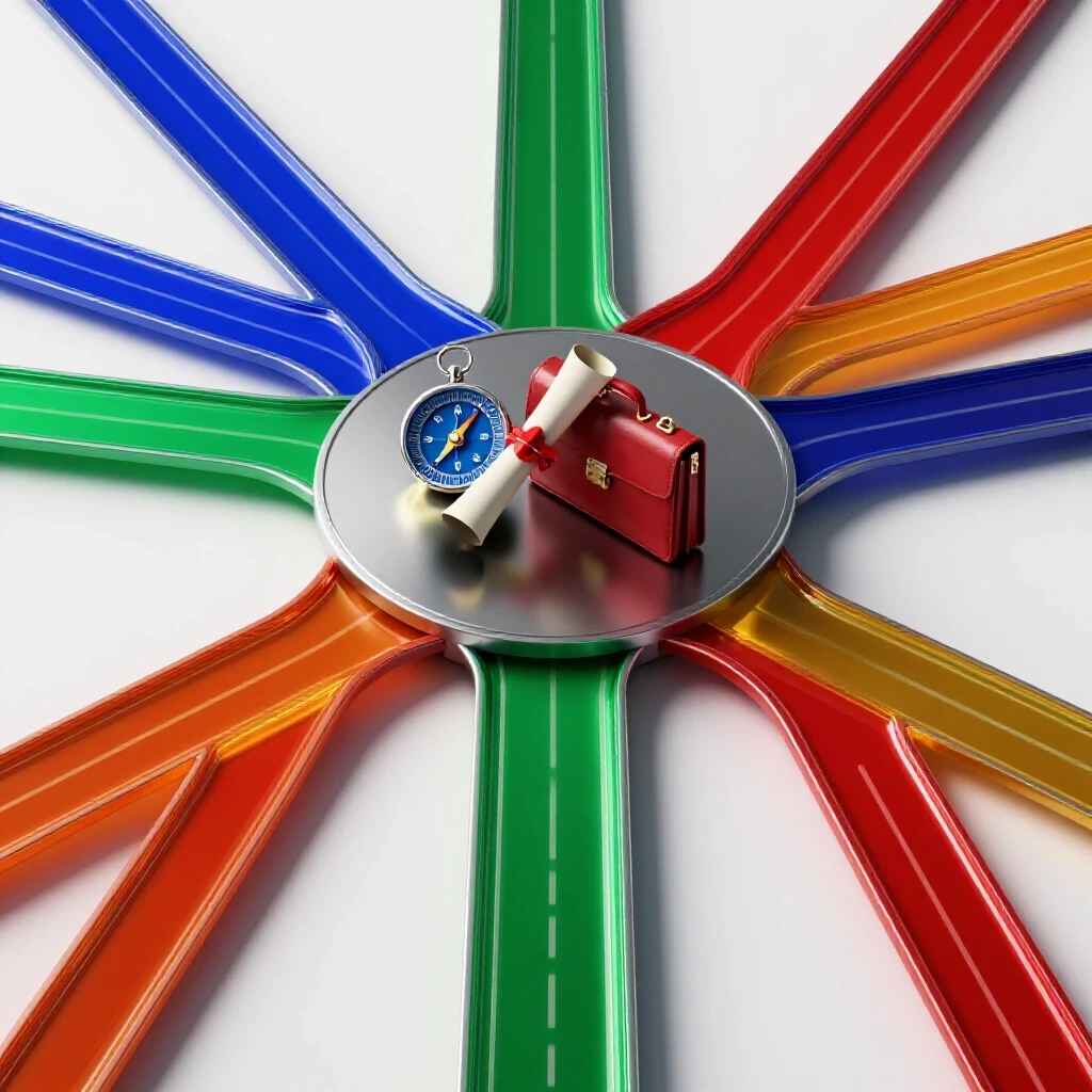 Glossy, colorfully illuminated career crossroads with symbolic tools at the center on a bright white background.