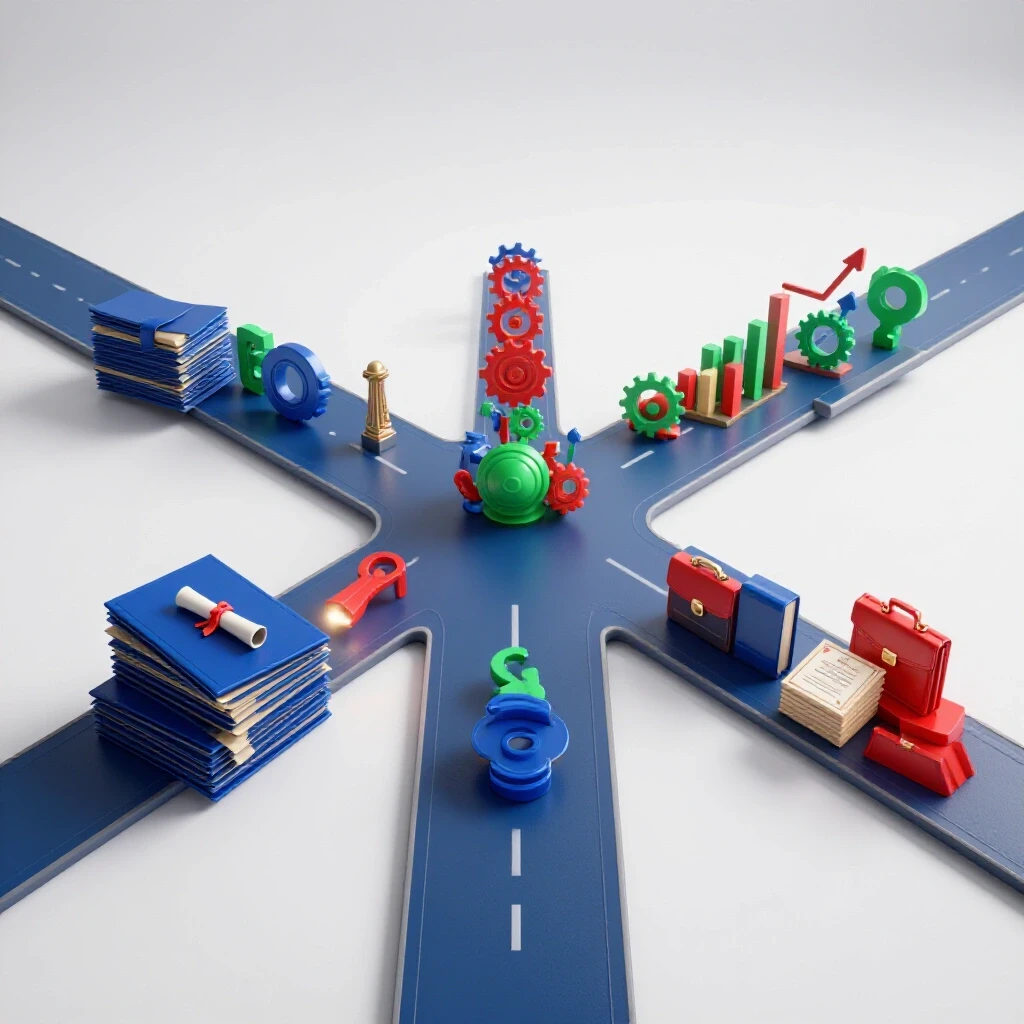 A crossroads with one futuristic path of diplomas and another of vivid career icons under bright lighting.
