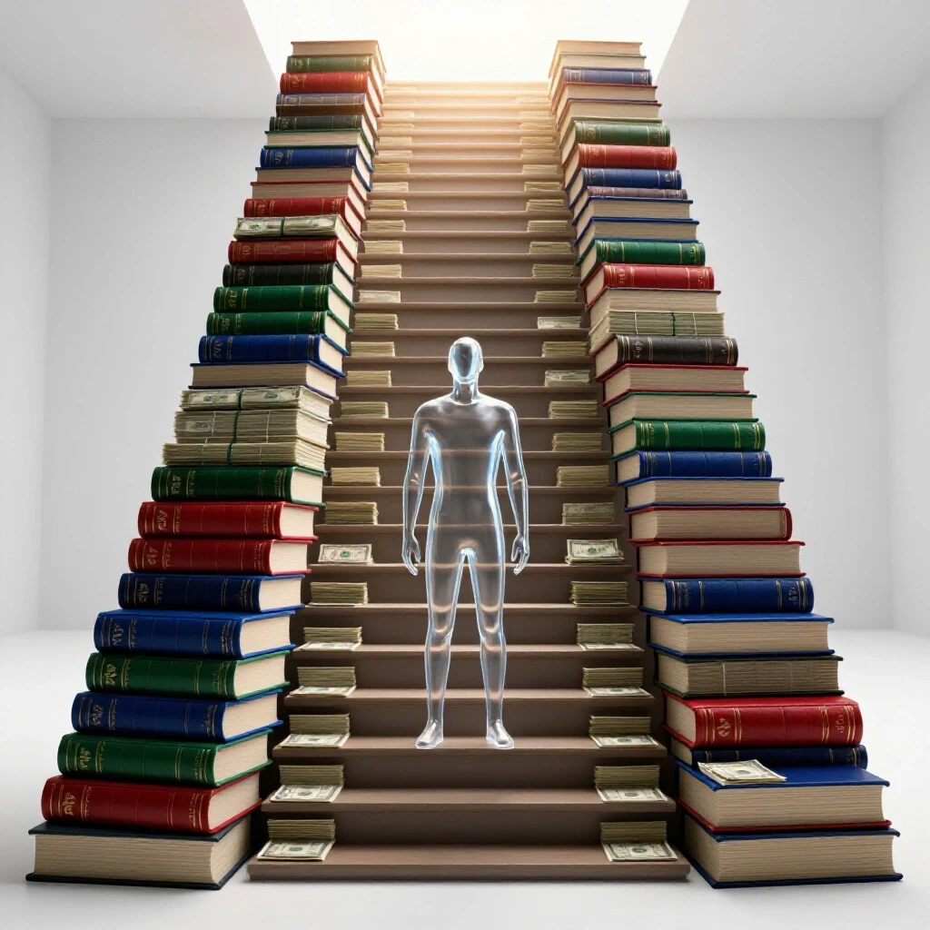 Towering staircase of law books and money stacks with an abstract figure at the base, symbolizing funding a JD