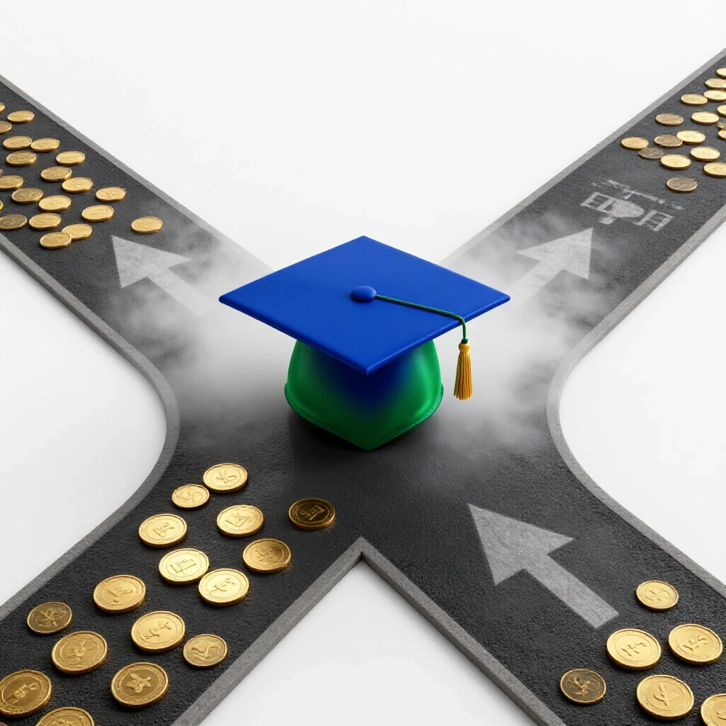 Graduation cap at a crossroads with one path paved in gold coins and opportunity symbols, the other in misty uncertainty.