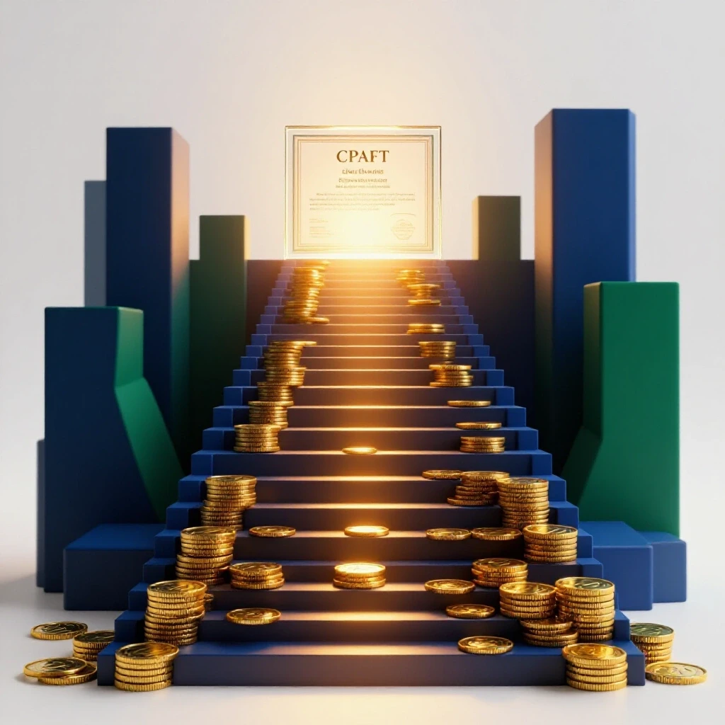 A golden coin staircase leads to a glowing CPA certificate, with shadowy obstacles behind and an illuminated path upward.