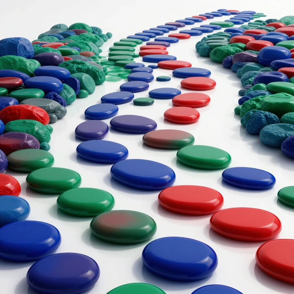 Vivid winding path of glossy, colorful stepping stones leading to a bright, open horizon on a white background.