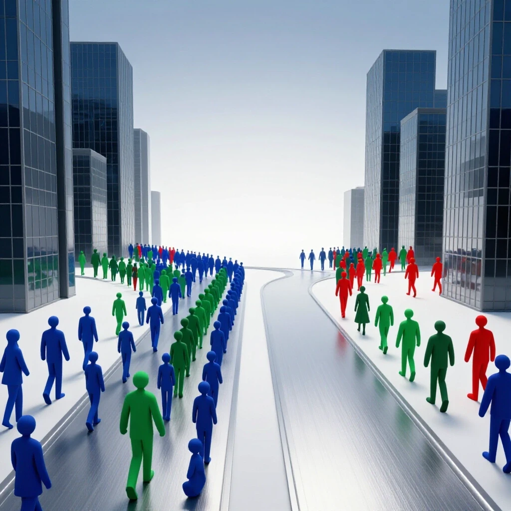 Diverging winding paths—one busy with moving figures, the other empty and leading to an open, bright horizon, framed by a shift from structured buildings to a clear sky.