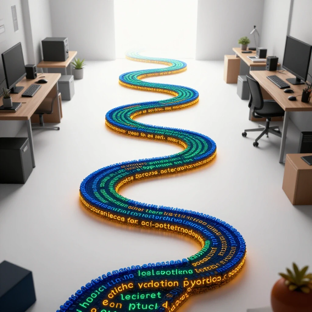 A winding path of glowing code snippets leads from a cluttered home desk to a bright distant horizon, symbolizing a self-study Python journey.