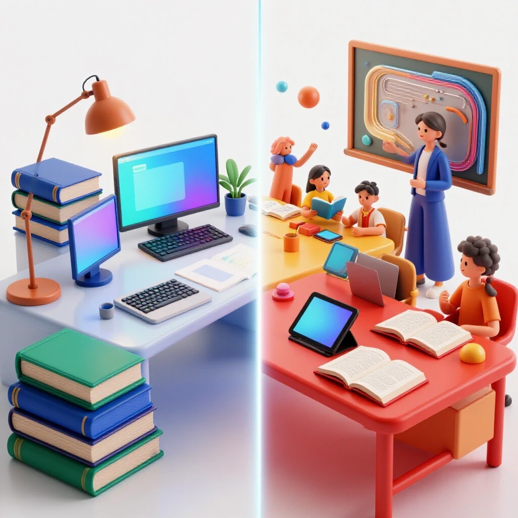Split scene of a cozy self-study desk with books and devices contrasted against a vibrant classroom setup, all on a bright white background.