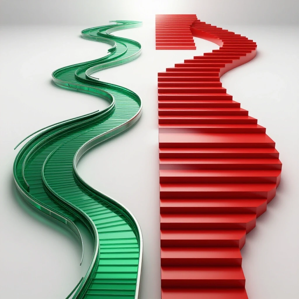Two contrasting paths—one winding and one with structured steps—merge towards a bright, promising destination on a clean, white background.