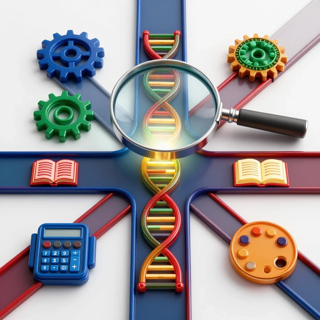 Crossroads with glowing academic symbols and a magnifying glass illuminating the most complex path, set against a bright, clean background.