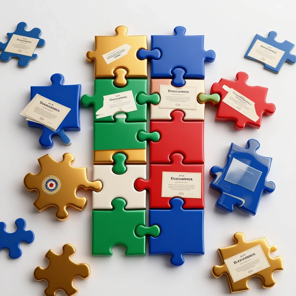 Glossy and metallic academic transcript and diploma puzzle pieces interlocking across a bright background, symbolizing credit transfer.