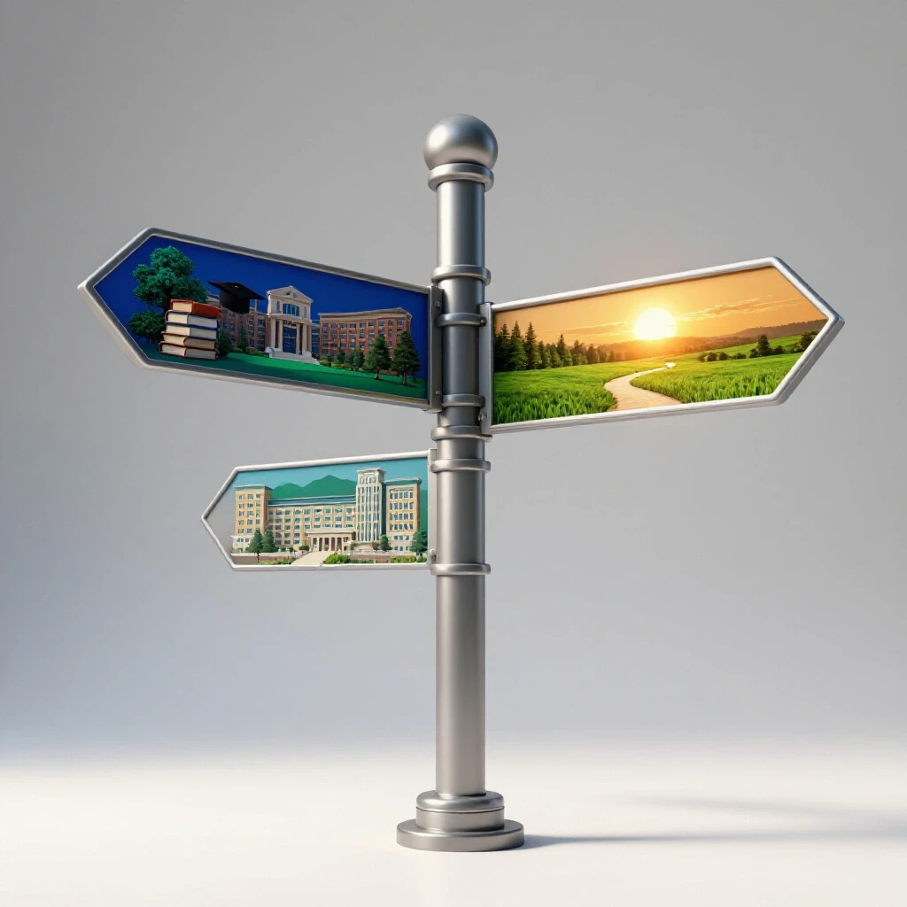 A crossroads signpost stands between a vibrant campus scene and a serene open landscape, symbolizing choice.