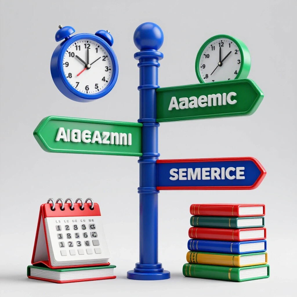 Central crossroads with vibrant colored clocks, calendars, and books on diverging paths over a bright background.