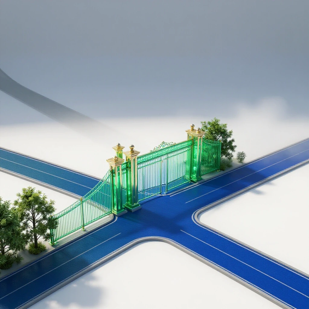 Crossroads with a bright campus gate on one path and another fading into uncertainty, in vivid colors.