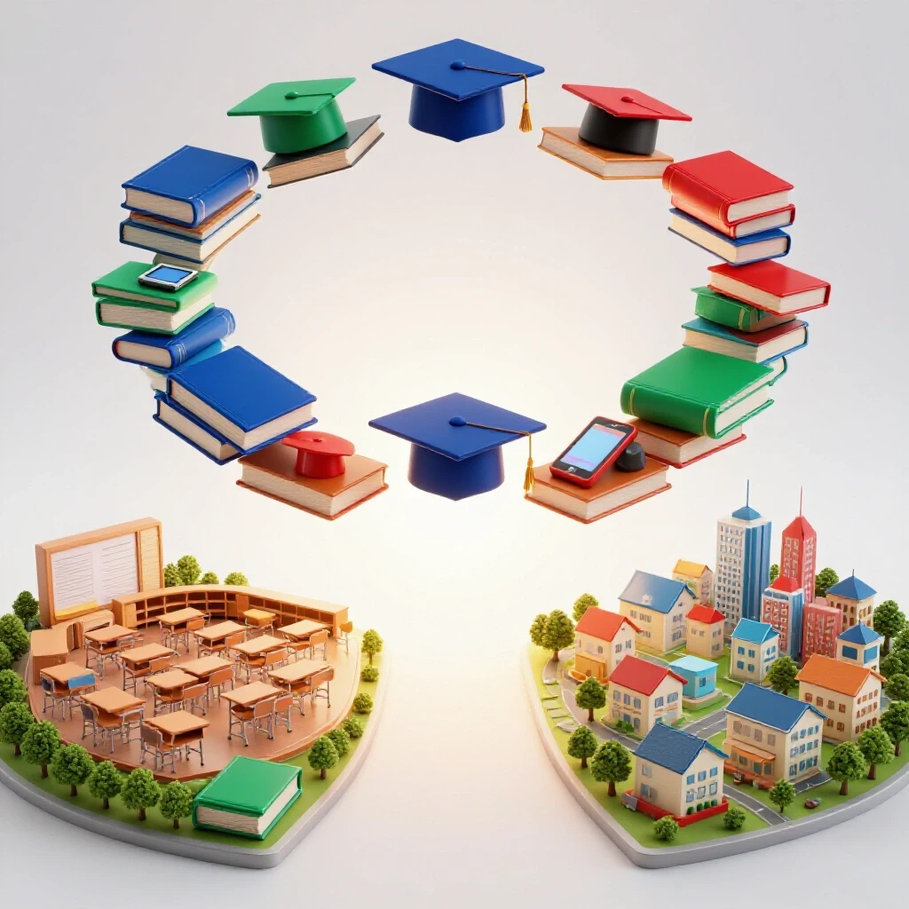 Vivid educational symbols connecting a classroom scene to a community landscape on a bright white background