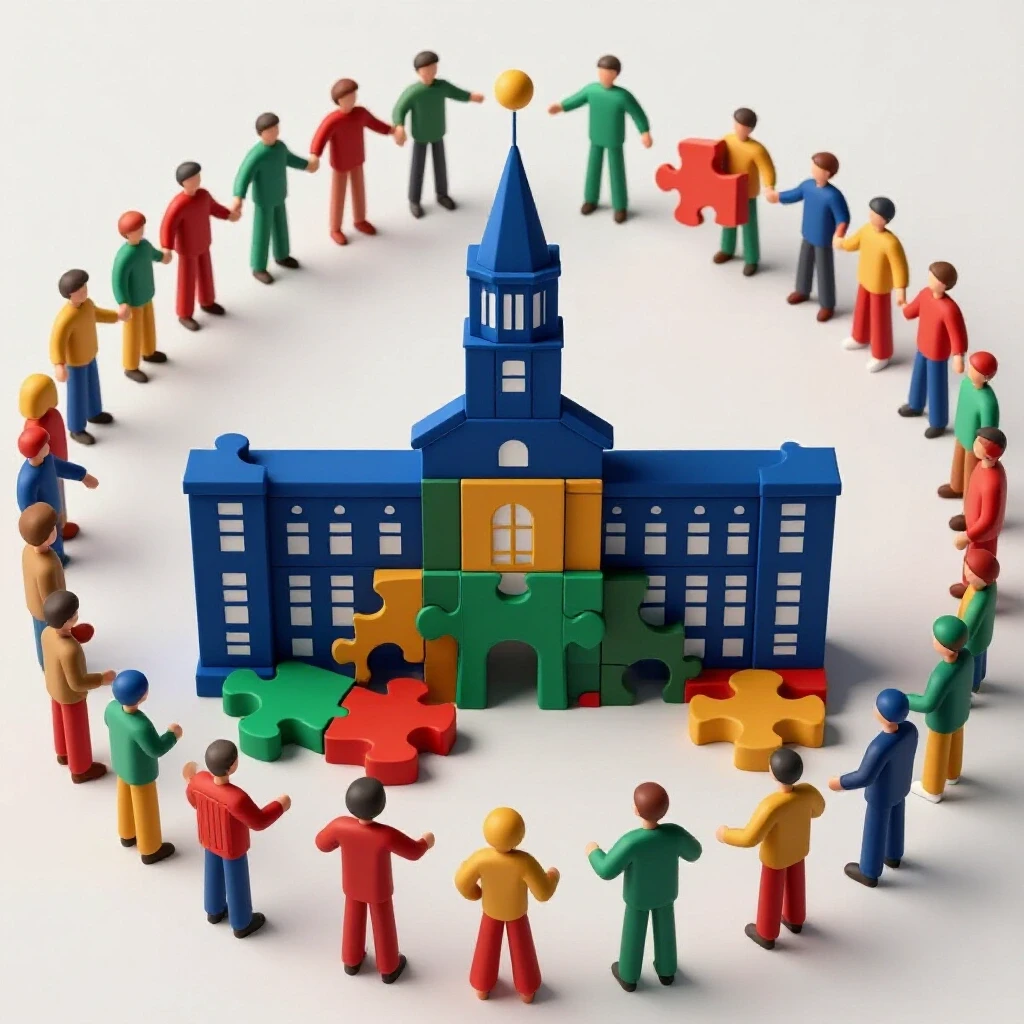 Abstract geometric figures assemble colorful puzzle pieces into a college building silhouette on a bright background.