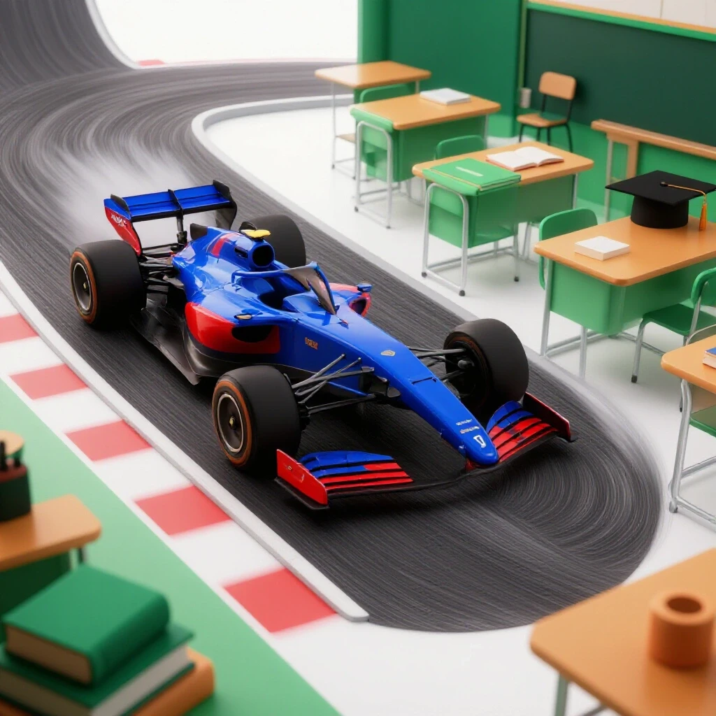 Dynamic split-scene showing a racing track merging into a classroom, vivid colors on bright background.