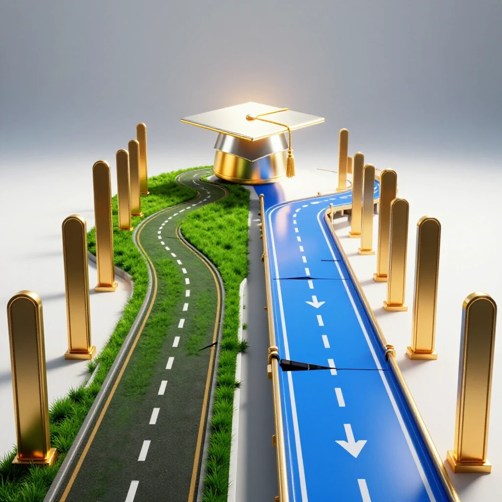 Two contrasting paths—winding lush road with milestones and shortcut bridge with pitfalls—converge at a glowing graduation cap on a bright studio background.