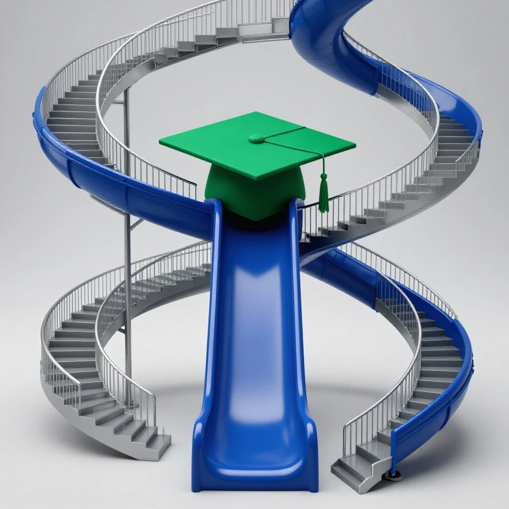 Winding staircase transforms into a direct slide leading to a graduation cap, symbolizing a faster master's degree path.