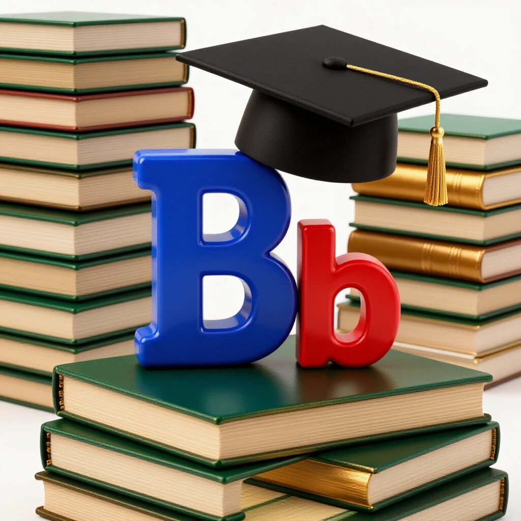 Graduation cap on a large blue capital B and small red b beside stacked colorful scholarly books.