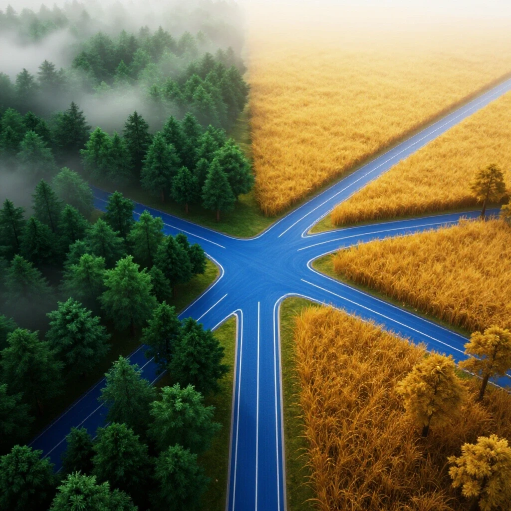 A crossroads with one path leading into a foggy forest and another toward a bright, sunlit field, symbolizing choice.