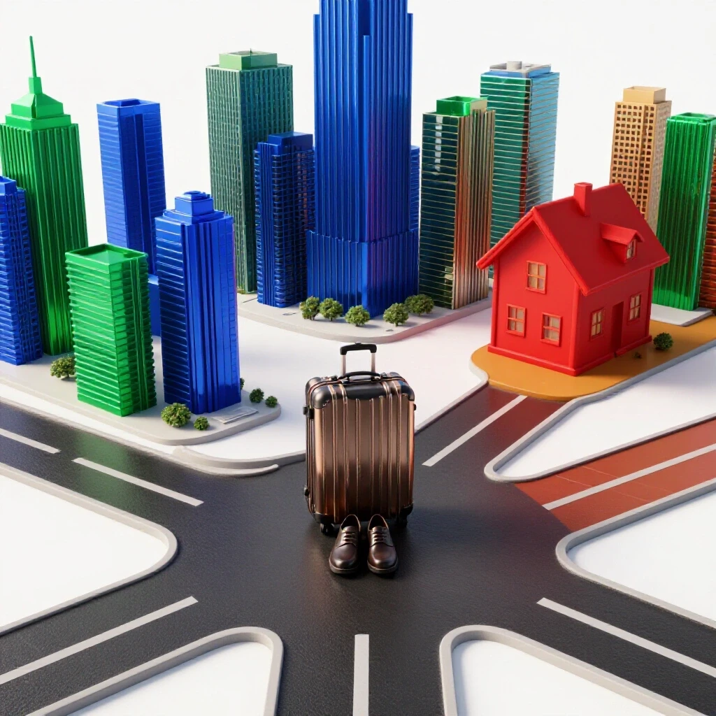 A crossroads scene with a suitcase and shoes at a fork, one path leading toward a vibrant city, the other toward a cozy home.